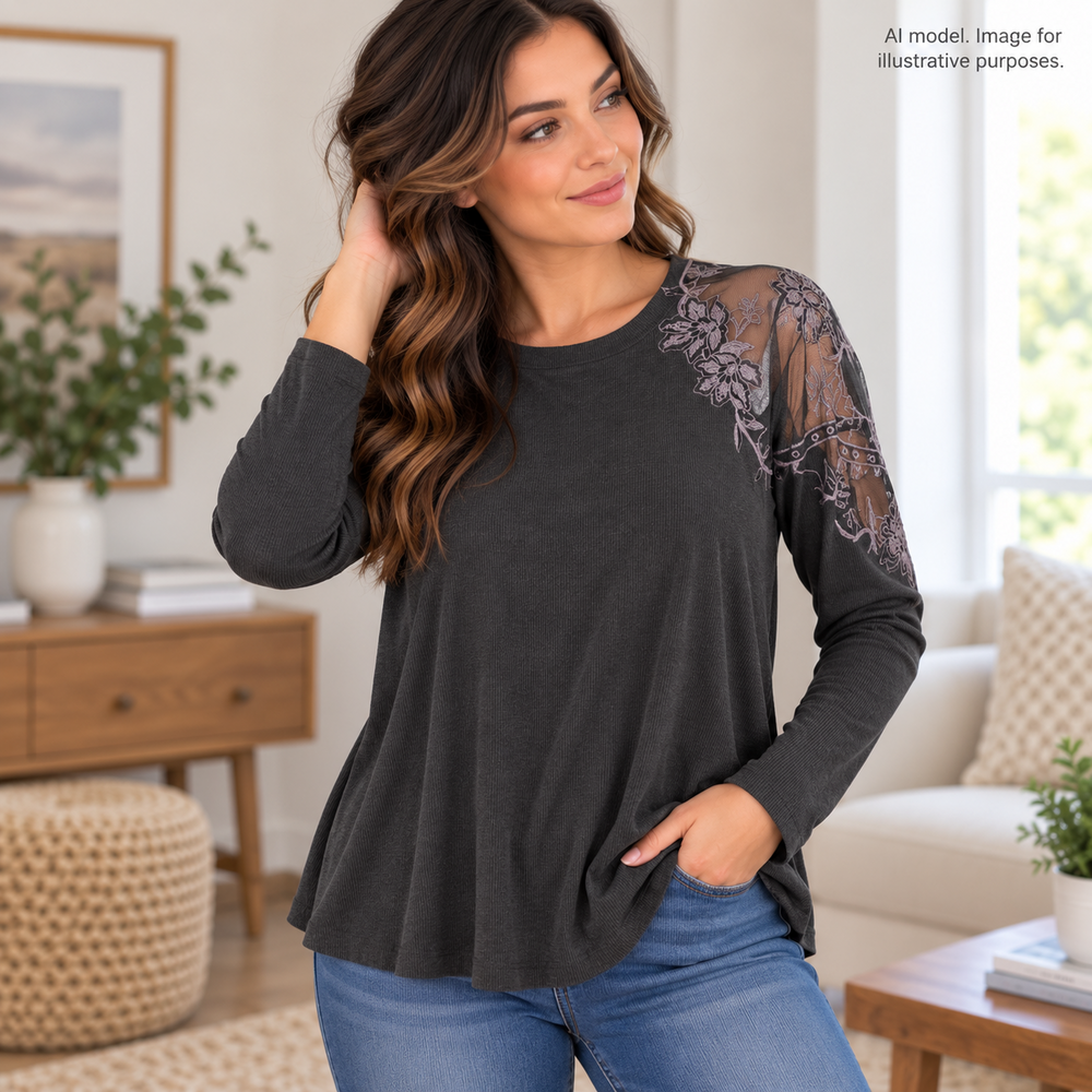 Urban Outfitters Shirt Women XS Black Sheer Lace Shoulder Ribbed Split Hem Tunic